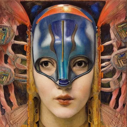 Image similar to the bird queen with her robot mask, by annie swynnerton and diego rivera and elihu vedder, symbolist, dramatic lighting, elaborate geometric ornament, head and shoulders view, art brut, soft cool colors, smooth, sharp focus, extremely detailed, adolf wolfli, donato giancola