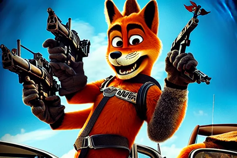 Image similar to nick wilde, heavily armed and armored facing down armageddon in a dark and gritty reboot from the makers of mad max : fury road : witness me