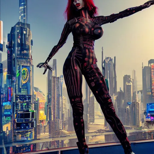 Prompt: ultra realistic painted sculpture of very beautiful cyberpunk woman. realistic waxwork. detailed lifelike. full body. beautiful. very attractive. wow. stunning. punk. comic book inspired. professional cosplay. painted model. action pose. electronics. futuristic tech. city backdrop