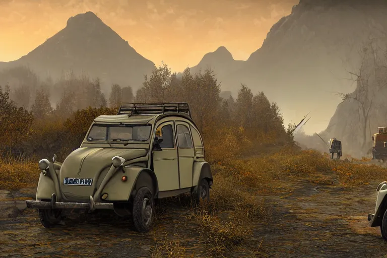 Prompt: offroad citroen 2 cv ( 1 9 6 5 ) of daedric design driving across the rift, daedric axe stored on the side of the car, leather and cloth traveller backpacks on roof, riften city in the background, epic fantasy, autumn, the elder scrolls v : skyrim, dramatic lighting, establishing shot, by simon stalenhag