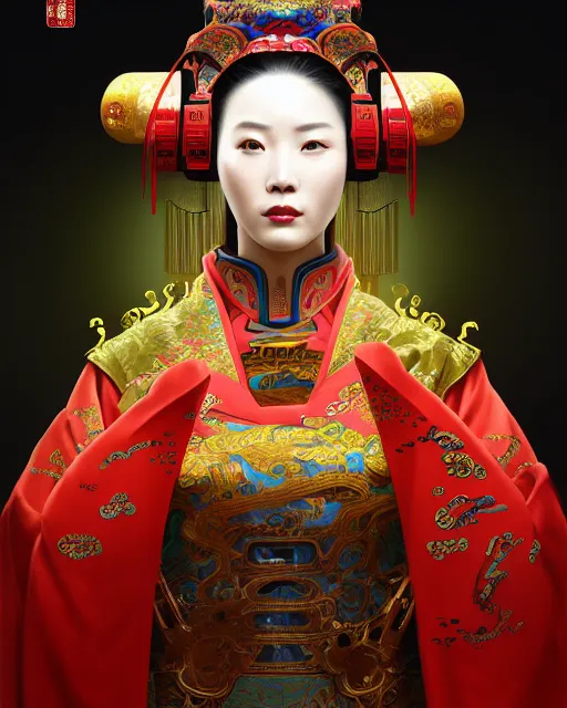 Image similar to portrait of a chinese cyberpunk machine, machine face, robed, upper half portrait, decorated with chinese opera motifs, regal, asian, fine china, wuxia, traditional chinese art intricate intense elegant 京 剧 highly detailed digital painting artstation concept art smooth sharp focus illustration, art by artgerm and greg rutkowski alphonse mucha 8 k