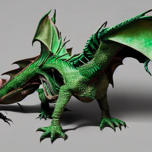 Image similar to an injured damaged dragon with patchy green scales and exposed bones and has a broken wing and leg, fantasy, intricately detailed, 8 k render, ultra high resolution, octane render, trending on artstation