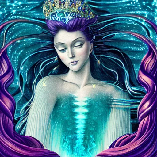 Image similar to techno mystic goddess princess intergalactica, with aqua neon rapunzel dreadlocks, detailed, wearing seashell attire, crystal pathway to atlantis floating on the sea, by gilbert williams masterpiece, sharp focus, sandro botticelli