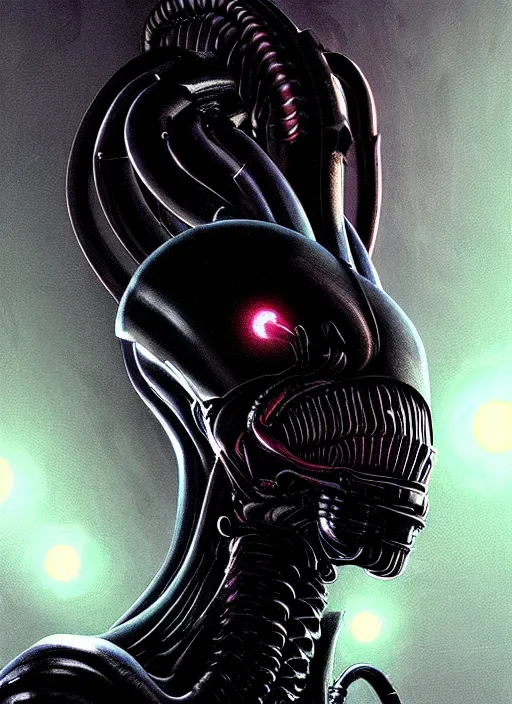 Image similar to profile! portrait of xenomorph, sci - fi, black tech wear, glowing lights! dark, cool colors, acid, intricate, highly detailed, digital painting, artstation, concept art, smooth, sharp focus, illustration, art by h r giger and greg rutkowski