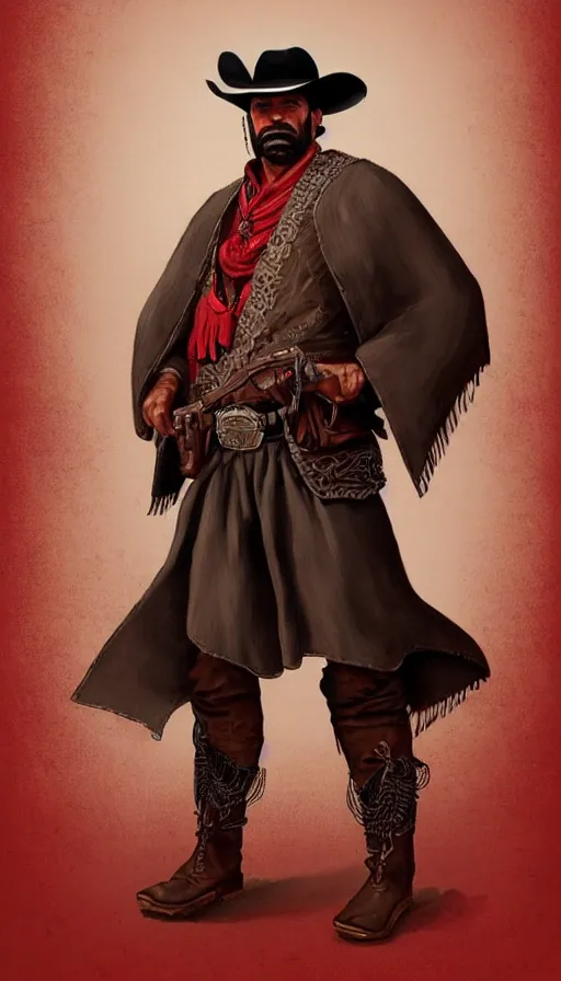 Prompt: ferocious bandido leader full body portrait, forajido cowboy, stern look, late xix century red and carmesi gaucho style, ornate poncho, steppe background, highly detailed, digital painting, character design, artstation, concept art, art by Artgerm, Greg Rutkowski, Craig Mullins, Stanley Artgerm Lau, WLOP, Ross tran, James Jean, red dead redemption, magic the gathering, digital art - W 640