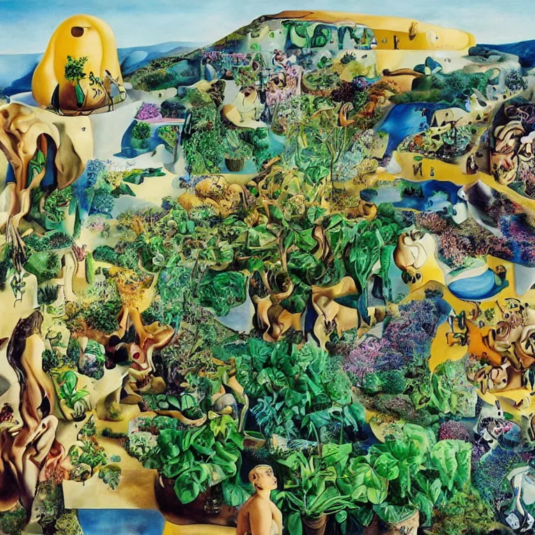 Prompt: dreaming from vertical farming, permaculture and a new life, painted bySalvador Dali