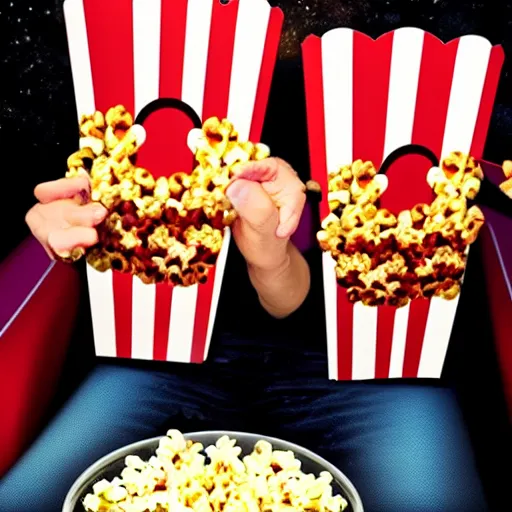 Image similar to hyper realistic, two headed human eating popcorn at the cinema