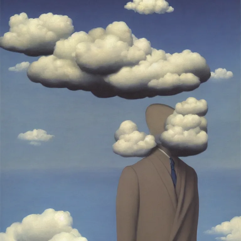 Image similar to cloud - man, by rene magritte, centered, detailed painting, hd, hq, high resolution, high detail, 4 k, 8 k