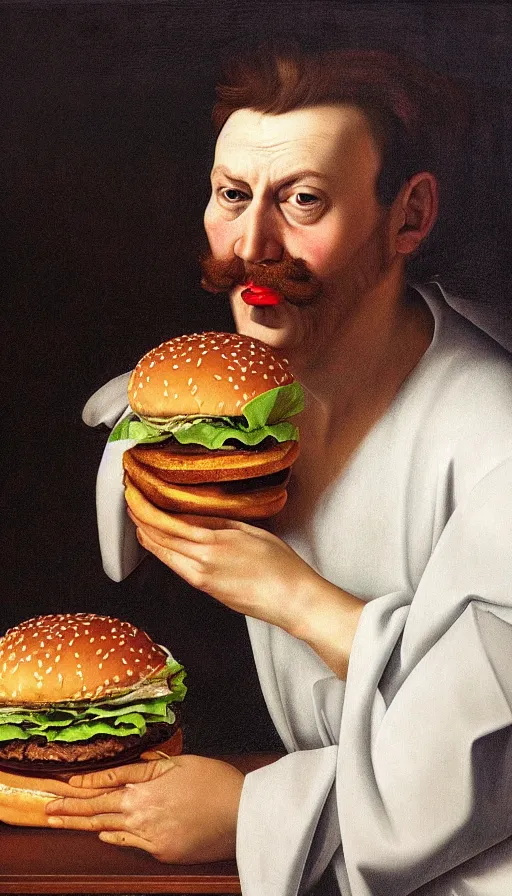 Prompt: hyperrealistic still life painting of a Trump holding a McDonalds burger, by Caravaggio, botanical print