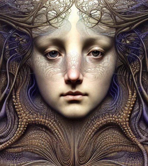 Prompt: detailed realistic beautiful light goddess face portrait by jean delville, gustave dore, iris van herpen and marco mazzoni, art forms of nature by ernst haeckel, art nouveau, symbolist, visionary, gothic, neo - gothic, pre - raphaelite, fractal lace, intricate alien botanicals, ai biodiversity, surreality, hyperdetailed ultrasharp octane render