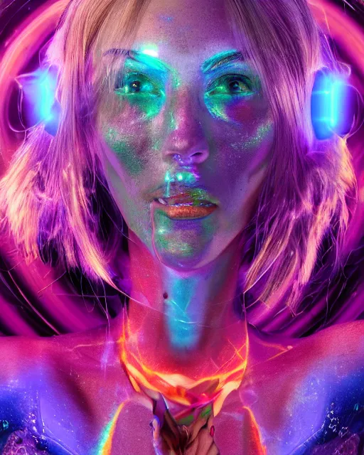 Image similar to a powerful energy psychedelic woman, by alexander fedosav, hyper detailed digital matte painting, concept art, hyperrealism, 1 6 k resolution, cinema 4 d, 8 k resolution, trending on artstation, behance hd, a masterpiece, by stephan martiniere, particles, cel - shaded, power bright neon energy, by david a. hardy,