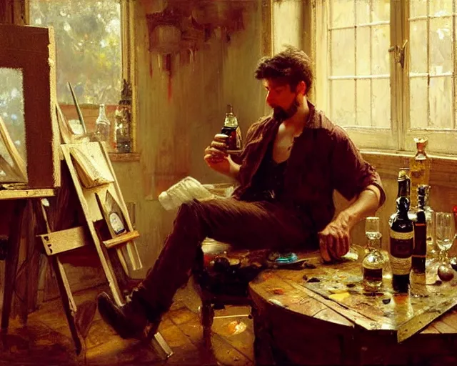 Image similar to an exhausted painter in his studio with a bottle of whisky. highly detailed painting by gaston bussiere, craig mullins, j. c. leyendecker 8 k