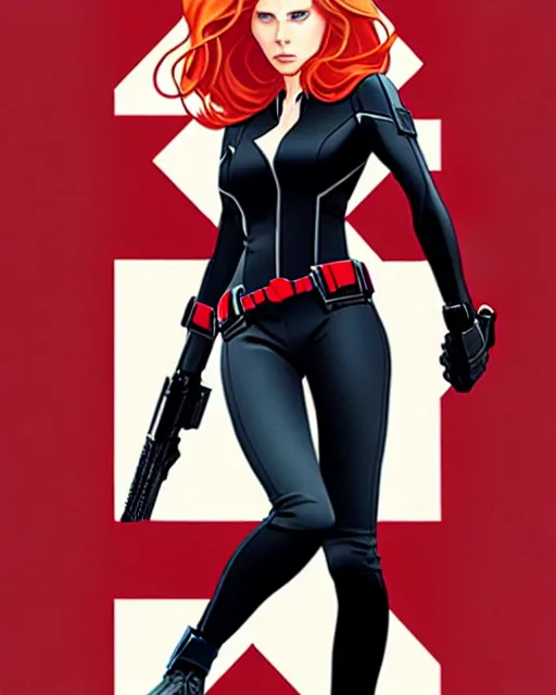 Image similar to phil noto comicbook cover art, black widow marvel, symmetrical eyes, long red hair, full body, city rooftop