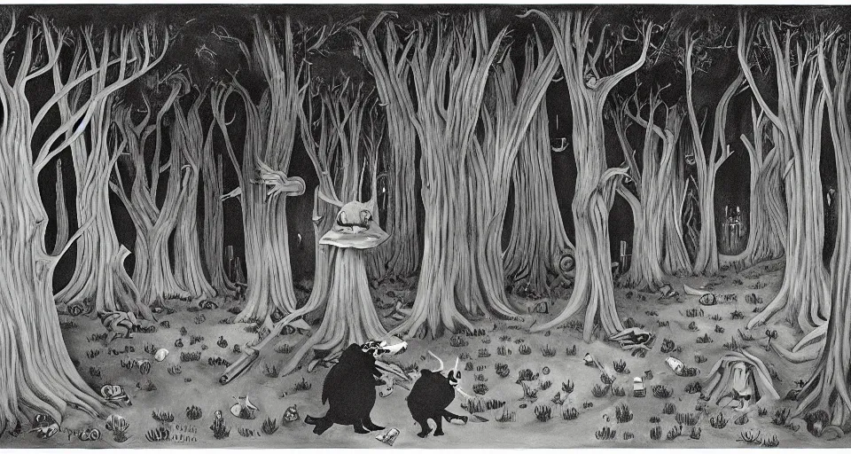 Image similar to Enchanted and magic forest, by Charles Addams