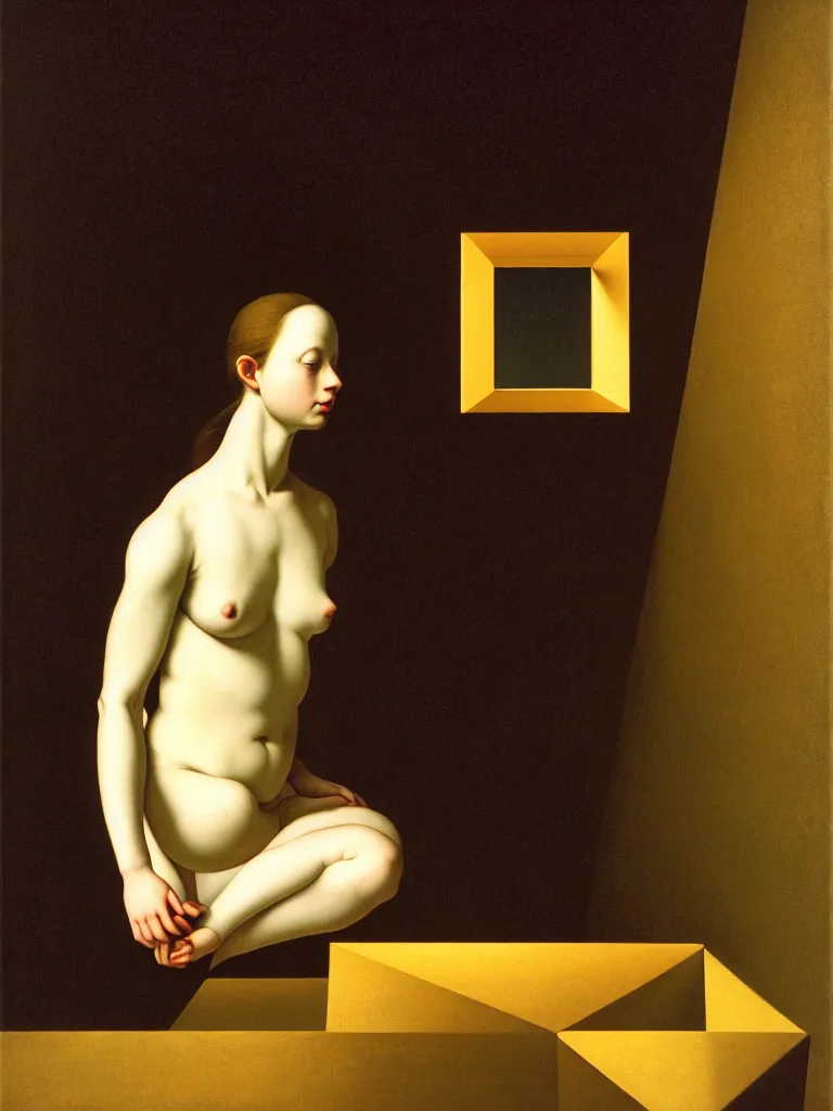 Prompt: hyperrealistic still life portrait of feminine mind contemplating itself inside of a serene temple, beautiful plans, sacred geometry, light refracting through prisms in a tesseract, by caravaggio, botanical print, surrealism, vivid colors, serene, golden ratio, rule of thirds, negative space, minimalist composition, in the style of james turrell, surrealism