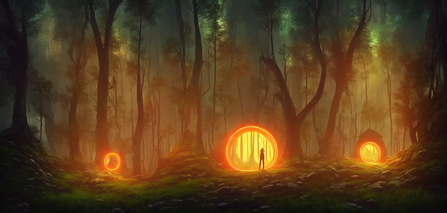 Prompt: random scary forest house landscape, round glowing vivid colour neon portal, incredible, vector art, octane render, fabulous, hyper detailed, random cinematic view, no noise, global illumination, warm lighting, volumetric, godrays, vivid, beautiful, by jordan grimmer