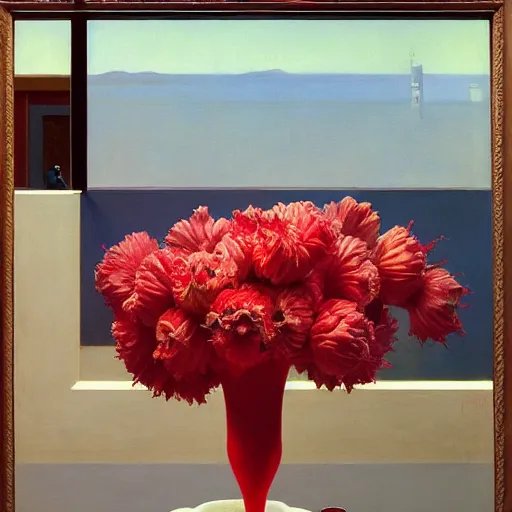 Image similar to an achingly beautiful still life featuring blooming flowers, tillamook cheese, and red wine , very coherent, painted by Edward Hopper, Wayne Barlowe, painted by James Gilleard, airbrush, art by JamesJean