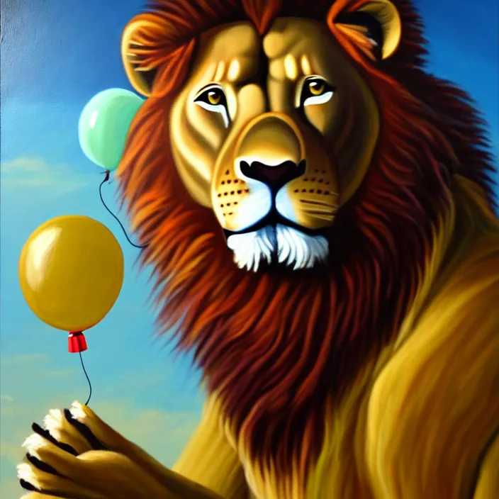 Prompt: a painting of an anthropomorphic male lion scientist researching balloon physics, oil on canvas, furry, soft lighting, sharp focus