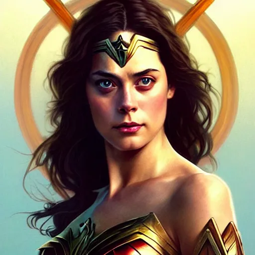 Image similar to Beautiful Kaya Scodelario as Wonder Woman, western, D&D, fantasy, intricate, elegant, highly detailed, digital painting, artstation, concept art, matte, sharp focus, illustration, art by Artgerm and Greg Rutkowski and Alphonse Mucha