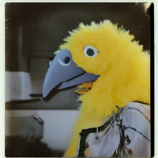 Image similar to horrifying corrupted rotten Big Bird captured on polaroid