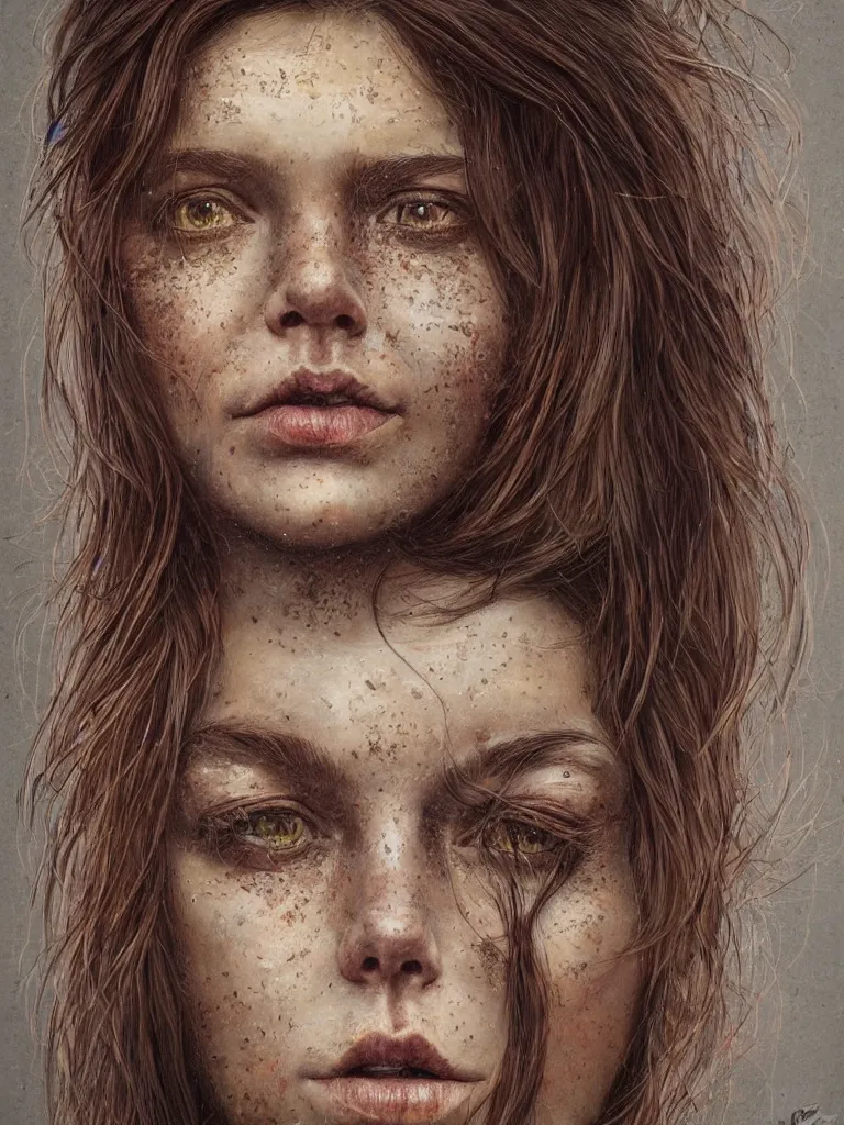 Image similar to Portrait photograph of young woman with dark brown hair, hyper-detailed face, hyperrealism, symmetrical face, natural colors, illustrated by Daniel Orive, Sam Spratt, Loish