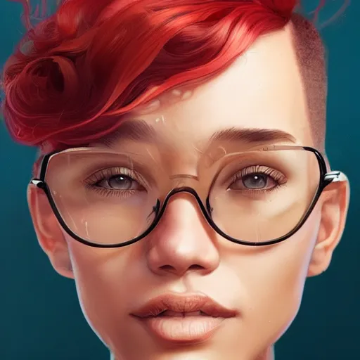 Prompt: an insanely detailed portrait of a smiling beautiful inventor that looks like zoe kravitz wearing glasses with short red hair, in the style of peter mohrbacher, artgerm, dramatic lighting and composition, octane render, trending on artstation, concept art 8 k