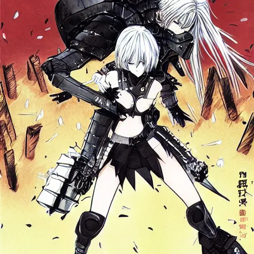 Prompt: extremely strong white haired girl fighting a full armored black knight, art by inio asano