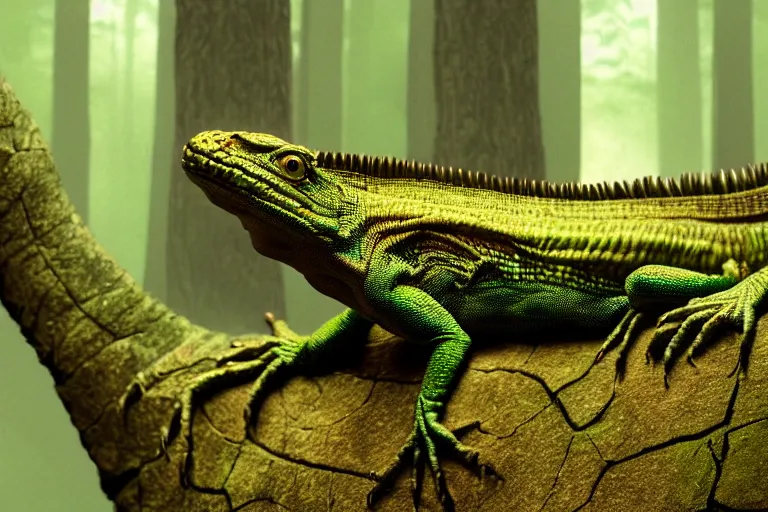 Image similar to alien lizard, deep forest on all backround, photorealistic, movie still, 5 0 mm