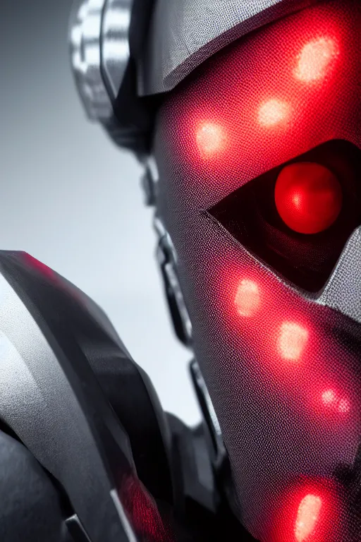 Image similar to closeup shot of a carbon black cyborg, macro shot, dof, cinematic, volumetric lighting, studio shot, red light, 4 k