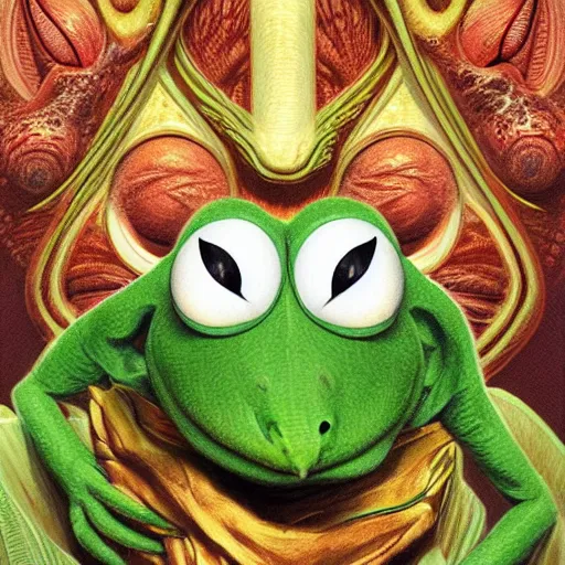Prompt: symmetry portrait of kermit the frog, intricate, elegant, highly detailed, digital painting, artstation, concept art, smooth, sharp focus, illustration, art by artgerm and greg rutkowski and alphonse mucha, 8 k