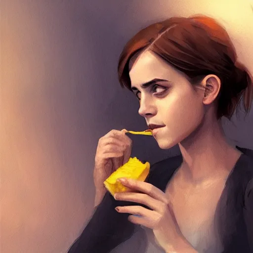 Prompt: emma watson eating a banana, warm lighting, greg rutkowski