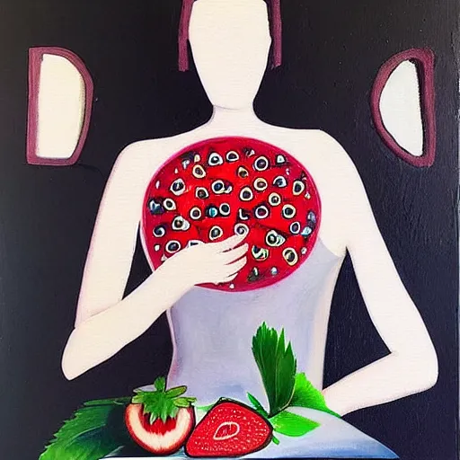 Image similar to “art in an Australian artist’s apartment, portrait of a woman wearing white cotton cloth, eating luscious fresh raspberries and strawberries and blueberries, white wax, edible flowers, Japanese pottery, ikebana, black walls, acrylic and spray paint and oilstick on canvas”