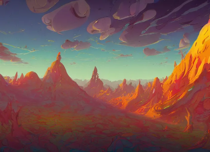 Image similar to psychedelic concept art of a lanscape made of baked beans, cel shaded, in the style of makoto shinkai and moebius and peter mohrbacher and anton fadeev