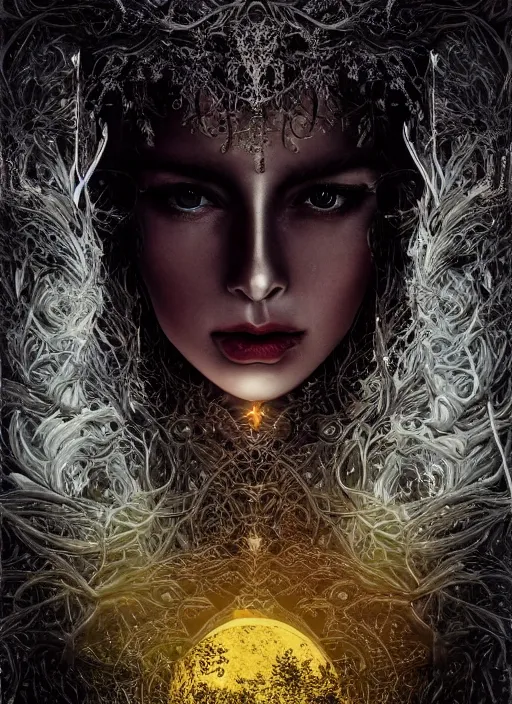 Image similar to glowing silver and golden elements, portrait, A beautiful dark witch in front of the full big moon, book cover, green forest, red white black colors, establishing shot, extremly high detail, foto realistic, cinematic lighting, pen and ink, intricate line drawings, by Yoshitaka Amano, Ruan Jia, Kentaro Miura, Artgerm, post processed, concept art, artstation, matte painting, style by eddie, raphael lacoste, alex ross