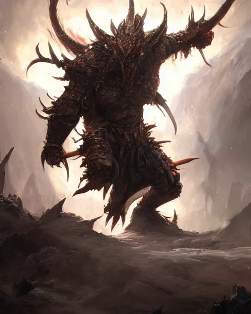 Image similar to oil painting of Angry Anthropomorphized Dragon Berserker, wearing fur armor, claws, sharp focus, attack pose, fantasy style, octane render, volumetric lighting, 8k high definition, by greg rutkowski, highly detailed, trending on art Station, magic the gathering artwork, burning Battlefield background, centered