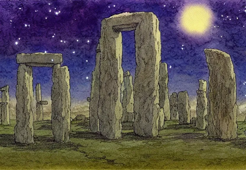 Image similar to a simple watercolor studio ghibli movie still fantasy concept art of a giant druid standing in stonehenge in the ocean. it is a misty starry night. by rebecca guay, michael kaluta, charles vess