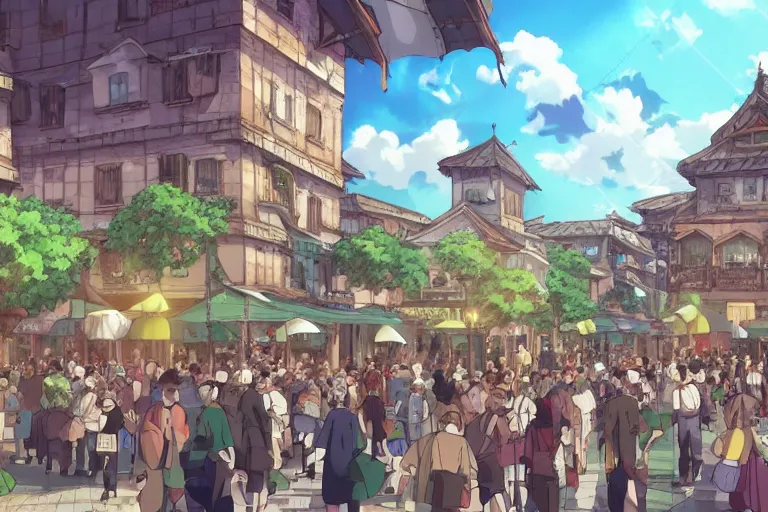 Prompt: cell shaded anime key visual of a renaissance city square, crowds of people, in the style of studio ghibli, moebius, makoto shinkai, dramatic lighting