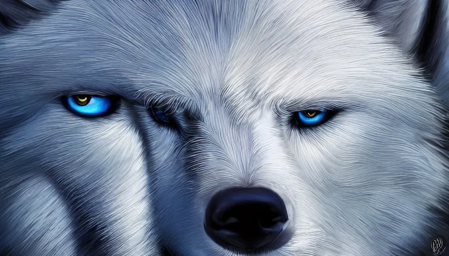 Image similar to white wolf with blue electric eyes by james gurney, hyperdetailed, artstation, cgsociety, 8 k