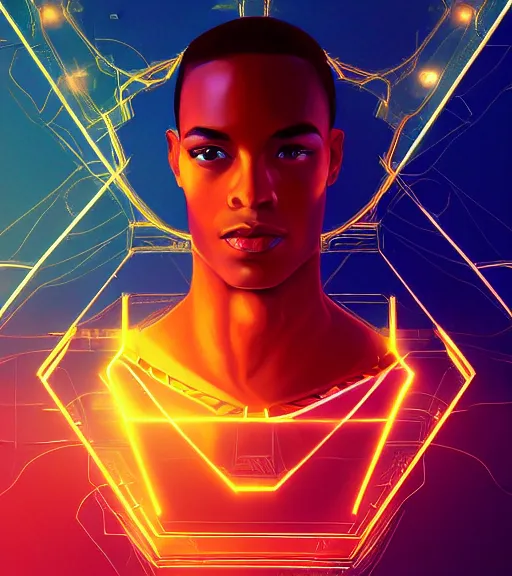 Image similar to symmetry!! egyptian prince of technology, solid cube of light, hard edges, product render retro - futuristic poster scifi, lasers and neon circuits, brown skin man egyptian prince, intricate, elegant, highly detailed, digital painting, artstation, concept art, smooth, sharp focus, illustration, dreamlike, art by artgerm