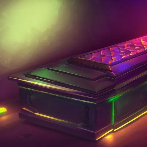 Prompt: Coffin with Razer RGB lighting, hyperdetailed, artstation, cgsociety, 8k
