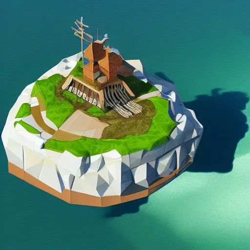 Image similar to a floating island on an ocean isometric art, low poly art, game art, artstation, 3D render, cgsociety, unreal engine 5