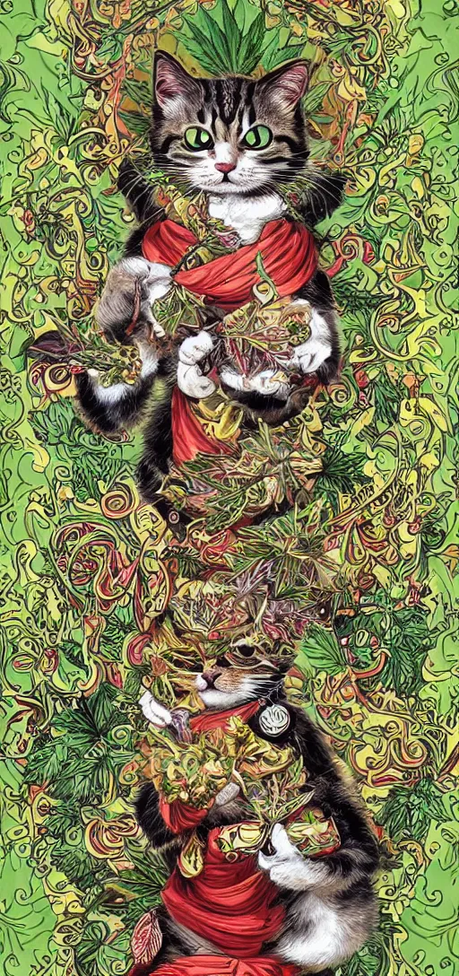 Prompt: ”happy smiling cat holding a marifuana weed, marijuana leaves and joints and bongs swirling in the background, [ultra detailed, contrast, ornate and intricate, art by joe fenton]”