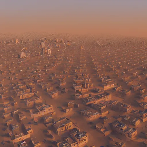 Image similar to drone shot of dusty old town in the middle of desert surrounded by sandstorm, scorching heat, sun, midday, concept art, sharp, artstation, cgsociety