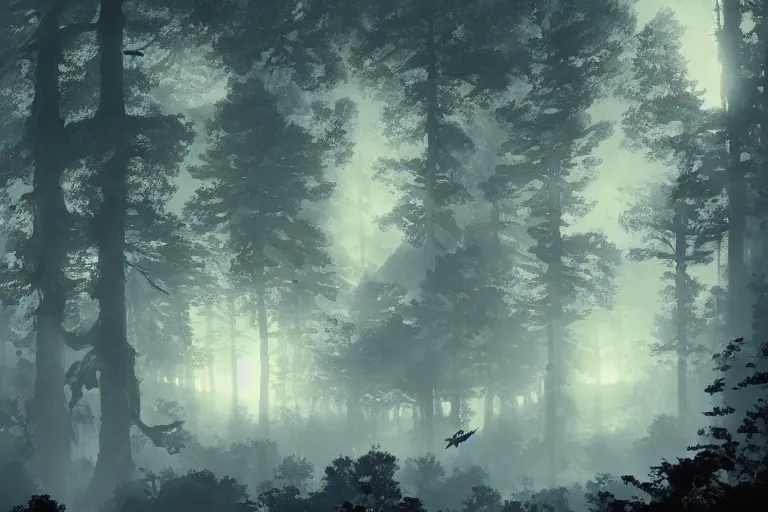 Image similar to huge red giant japanese fishes are flying along the tall trees of a deep Bavarian forest at night. Looking up view, dramatic perspective.misty, mood. y art by Akihiko Yoshida and Greg Rutkowski and Craig Mullins and Alphonse Mucha and Moebious and Roger Deakins