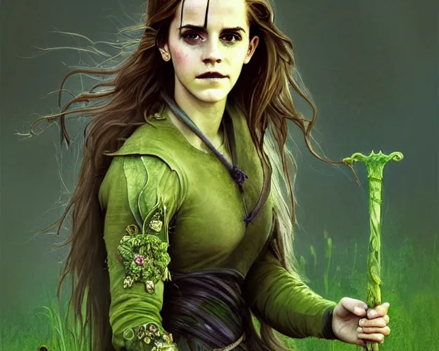 Prompt: portrait of emma watson as a swamp witch, green colored skin, green hair, holding a caduceus staff, messy hair, deep focus, d & d, fantasy, intricate, elegant, highly detailed, digital painting, artstation, concept art, matte, sharp, illustration, hearthstone, art by artgerm and greg rutkowski and alphonse mucha