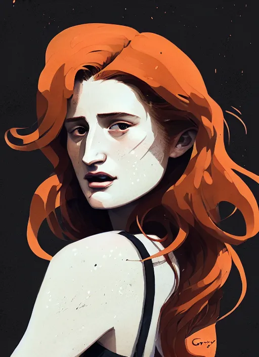 Image similar to highly detailed closeup portrait of beautiful moody grace gummer as dom dipierro, wavy ginger hair, by atey ghailan, by greg rutkowski, by greg tocchini, by james gilleard, by joe fenton, by kaethe butcher, gradient orange, black and white color scheme, grunge aesthetic!!! ( ( graffiti tag wall background ) )