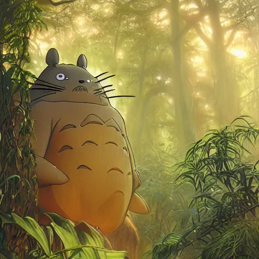 Prompt: portrait of a scary horrific totoro in a dense jungle at sunset, detailed, centered, digital painting, artstation, concept art, donato giancola, alphonse mucha, Joseph Christian Leyendecker, WLOP, Boris Vallejo, Breathtaking, 8k resolution, extremely detailed, beautiful, establishing shot, artistic, hyperrealistic, beautiful face, octane render