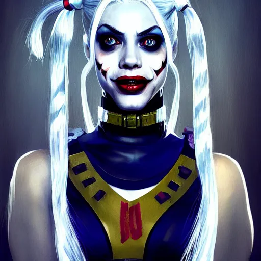 Prompt: Harley Quinn from the suicide squad, portrait, playful, fantasy, medieval, beautiful face, vivid colrs, elegant, concept art, sharp focus, digital art, Hyper-realistic, 4K, Unreal Engine, Highly Detailed, HD, Dramatic Lighting by Brom, trending on Artstation,