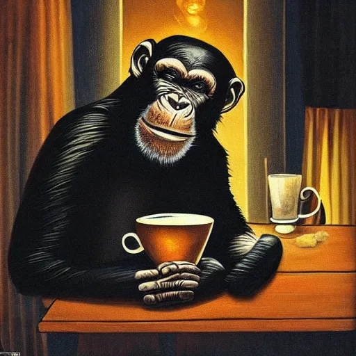Image similar to Gothic painting of a chimpanzee serving coffee as a barista, in a night-time old-fashioned New York Cafe, candlelight, full shot,