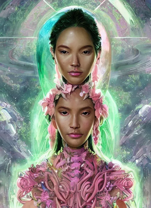 Image similar to portrait of Celestial Hawaiian Goddess of the Multiverse as a futuristic princess, inside future fighter, pink blush, rule of thirds, face anatomy, sci-fi, fantasy, intricate, lush garden spaceship, elegant, human anatomy, royal green and nature light, highly detailed, digital painting, artstation, concept art, smooth, sharp focus, illustration, art by tian zi and WLOP and alphonse mucha